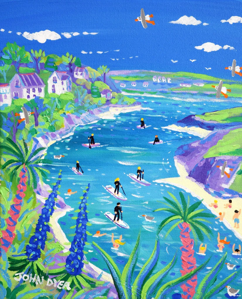 Limited Edition Print by Cornish Artist John Dyer. 'Paddleboarding down the Gannel Estuary, Newquay'. Cornwall Art Gallery Print