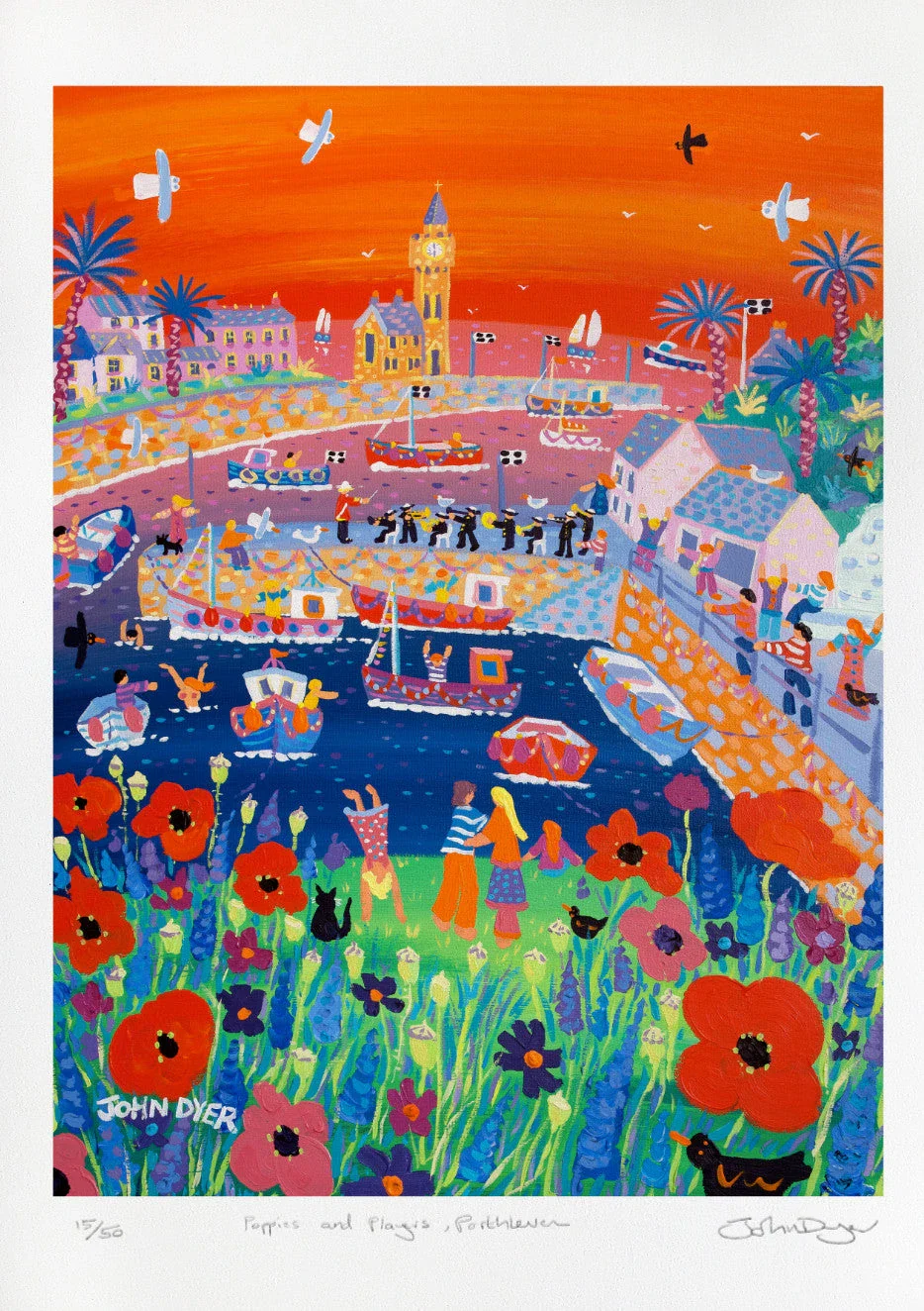 Signed Limited Edition Print by Cornish Artist John Dyer. 'Poppies and Players, Porthleven Sunset'. Cornwall Art Gallery Print - Image 2