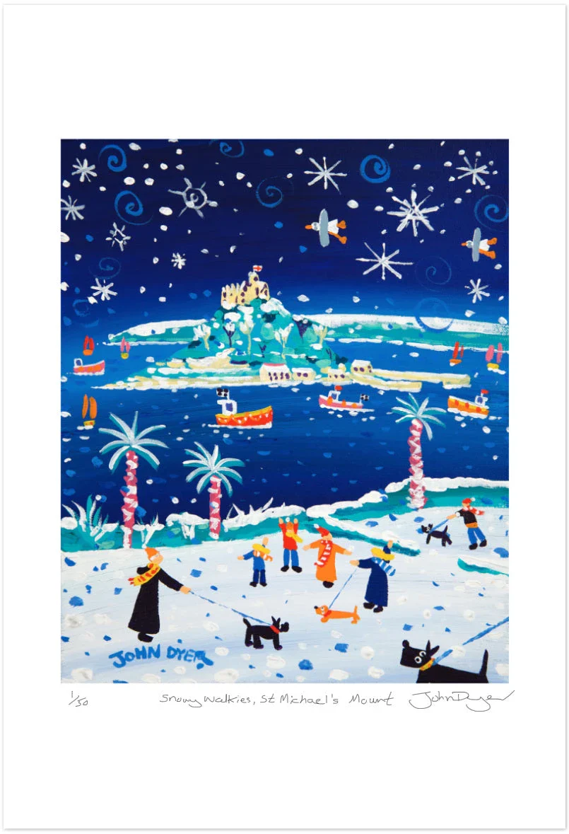 Cornish Art Signed Limited Edition Print by John Dyer. 'Snowy Walkies, St Michael's Mount'. Cornwall Art Gallery Print. - Image 2