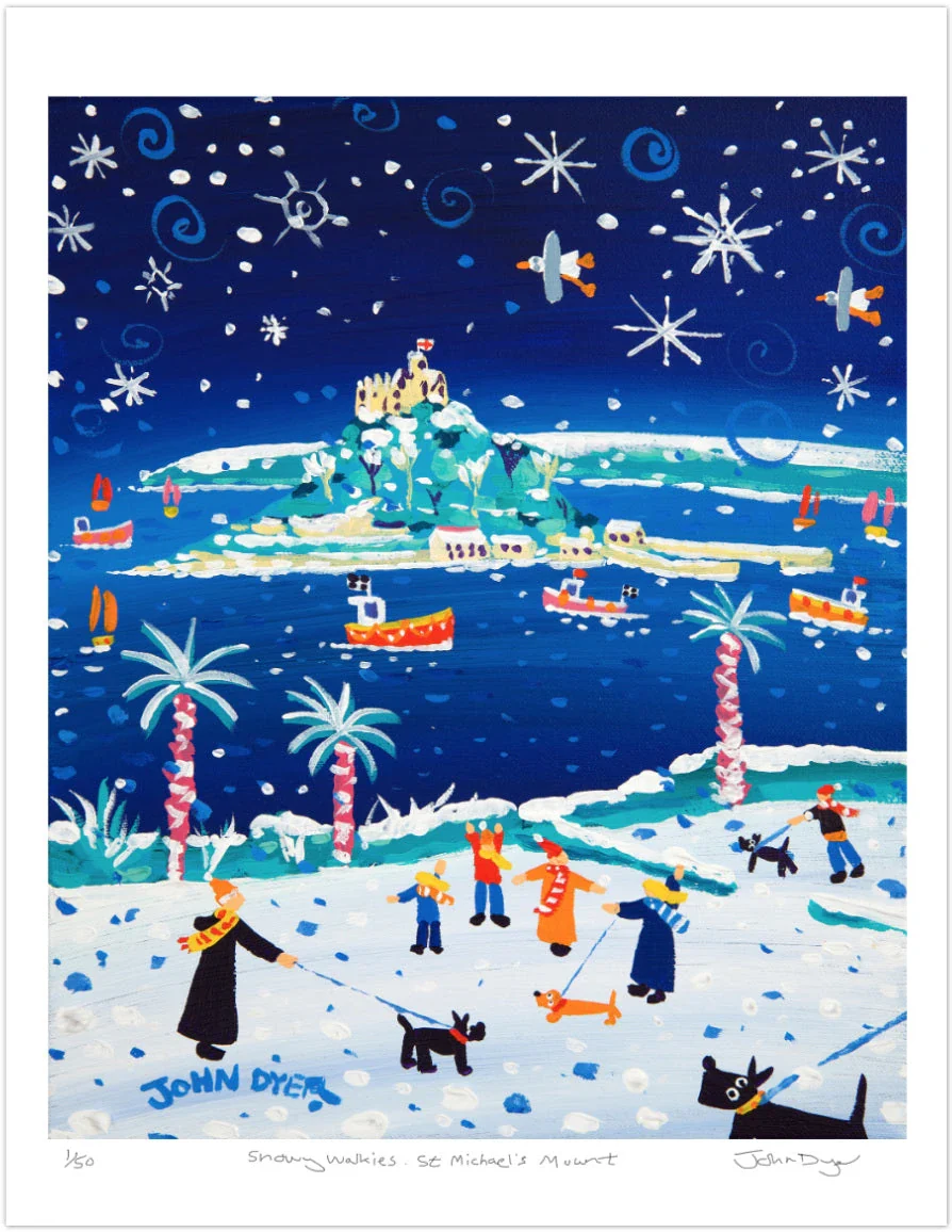 Cornish Art Signed Limited Edition Print by John Dyer. 'Snowy Walkies, St Michael's Mount'. Cornwall Art Gallery Print. - Image 3