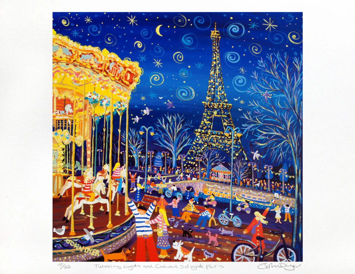 French Signed Limited Edition Print by John Dyer. 'Twinkling Lights and Carousel Delights, Paris.' Eiffel Tower Art - Image 2
