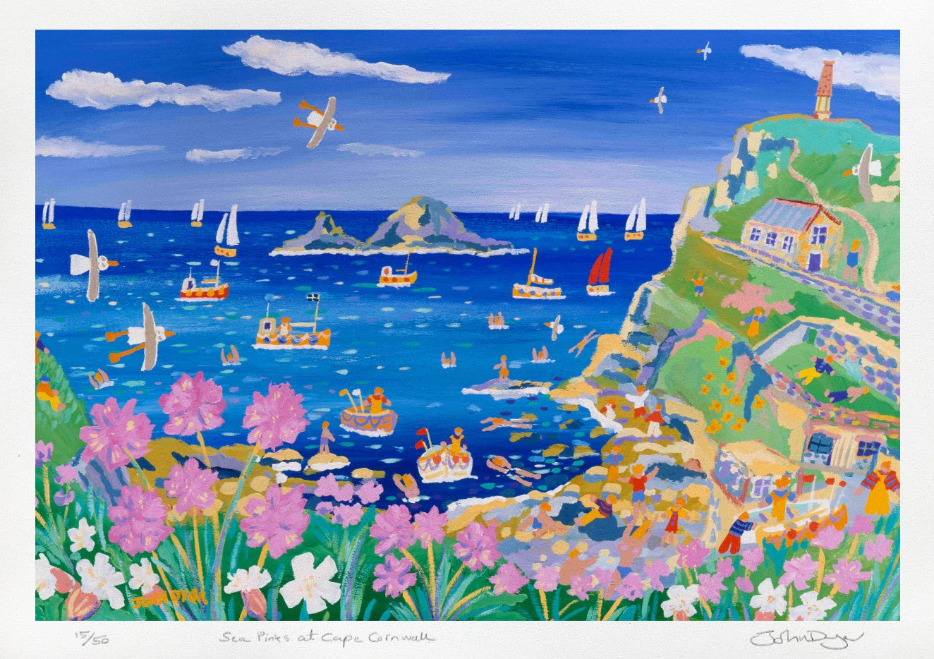 Limited Edition Print by Cornish Artist John Dyer. 'Sea Pinks at Cape Cornwall'. - Image 2
