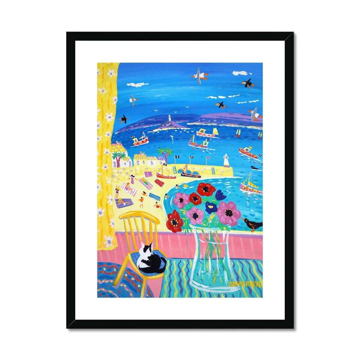 John Dyer Framed Open Edition Cornish Fine Art Beach Print. 'Snoozing Cat on the Chair, St Ives'. Cornwall Art Gallery - Image 2