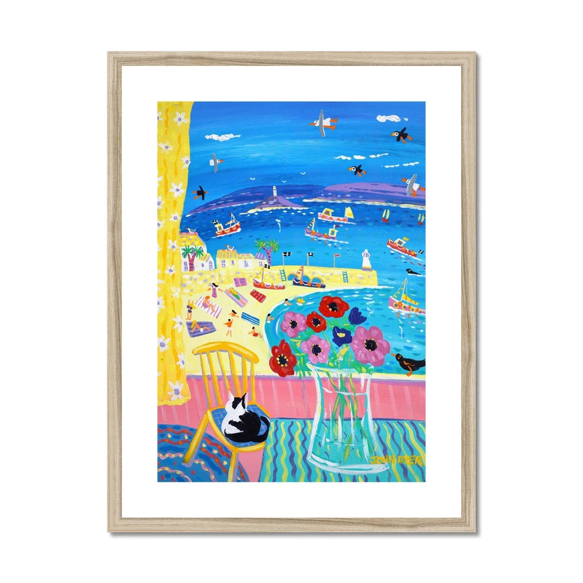 John Dyer Framed Open Edition Cornish Fine Art Beach Print. 'Snoozing Cat on the Chair, St Ives'. Cornwall Art Gallery - Image 3