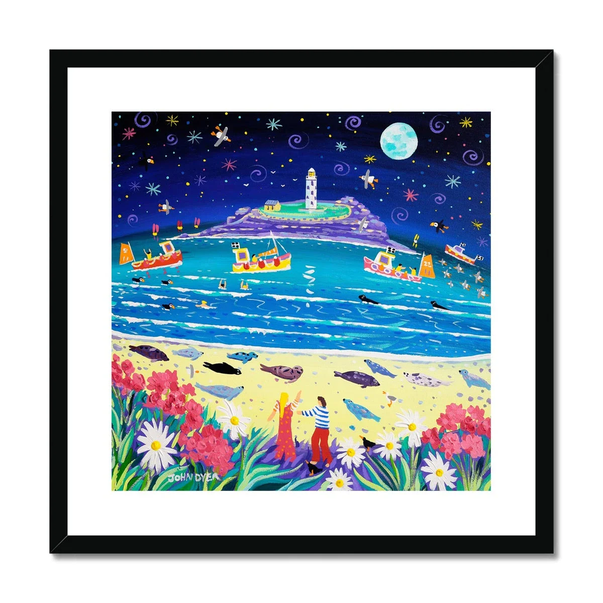John Dyer Framed Open Edition Cornish Fine Art Beach Print. 'Snoozing Seals under the Moon, Godrevy Lighthouse'. Cornwall Art Gallery - Image 2