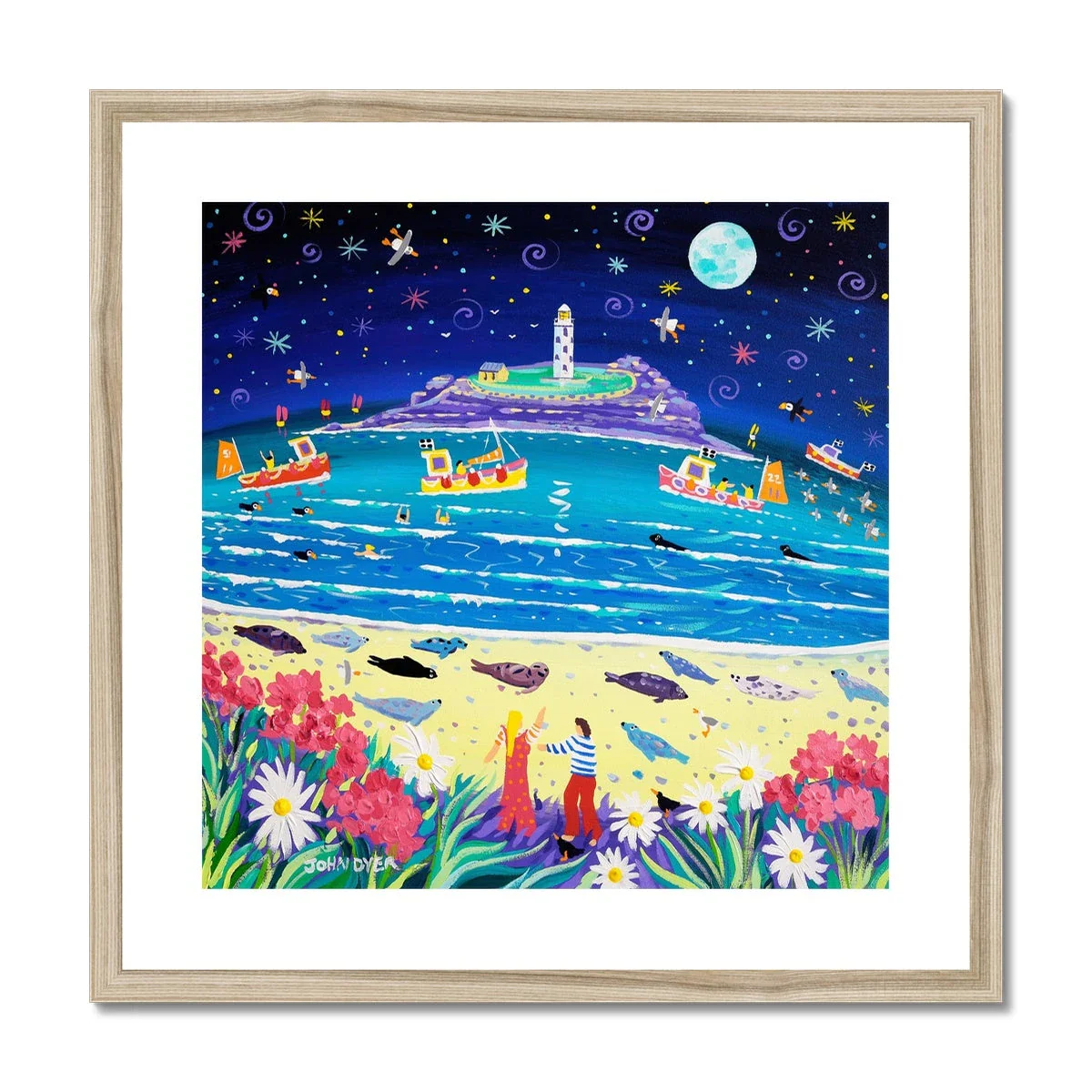 John Dyer Framed Open Edition Cornish Fine Art Beach Print. 'Snoozing Seals under the Moon, Godrevy Lighthouse'. Cornwall Art Gallery - Image 3