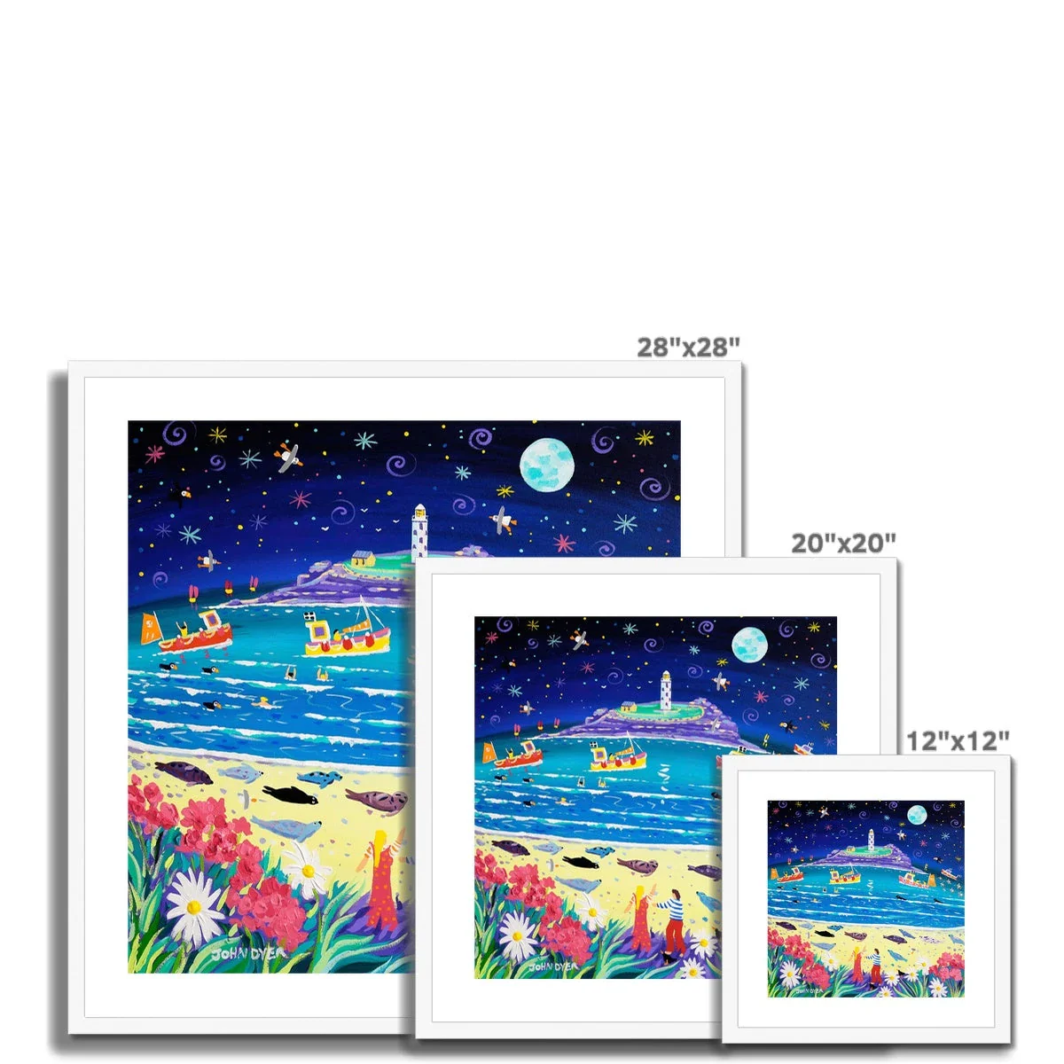 John Dyer Framed Open Edition Cornish Fine Art Beach Print. 'Snoozing Seals under the Moon, Godrevy Lighthouse'. Cornwall Art Gallery - Image 4
