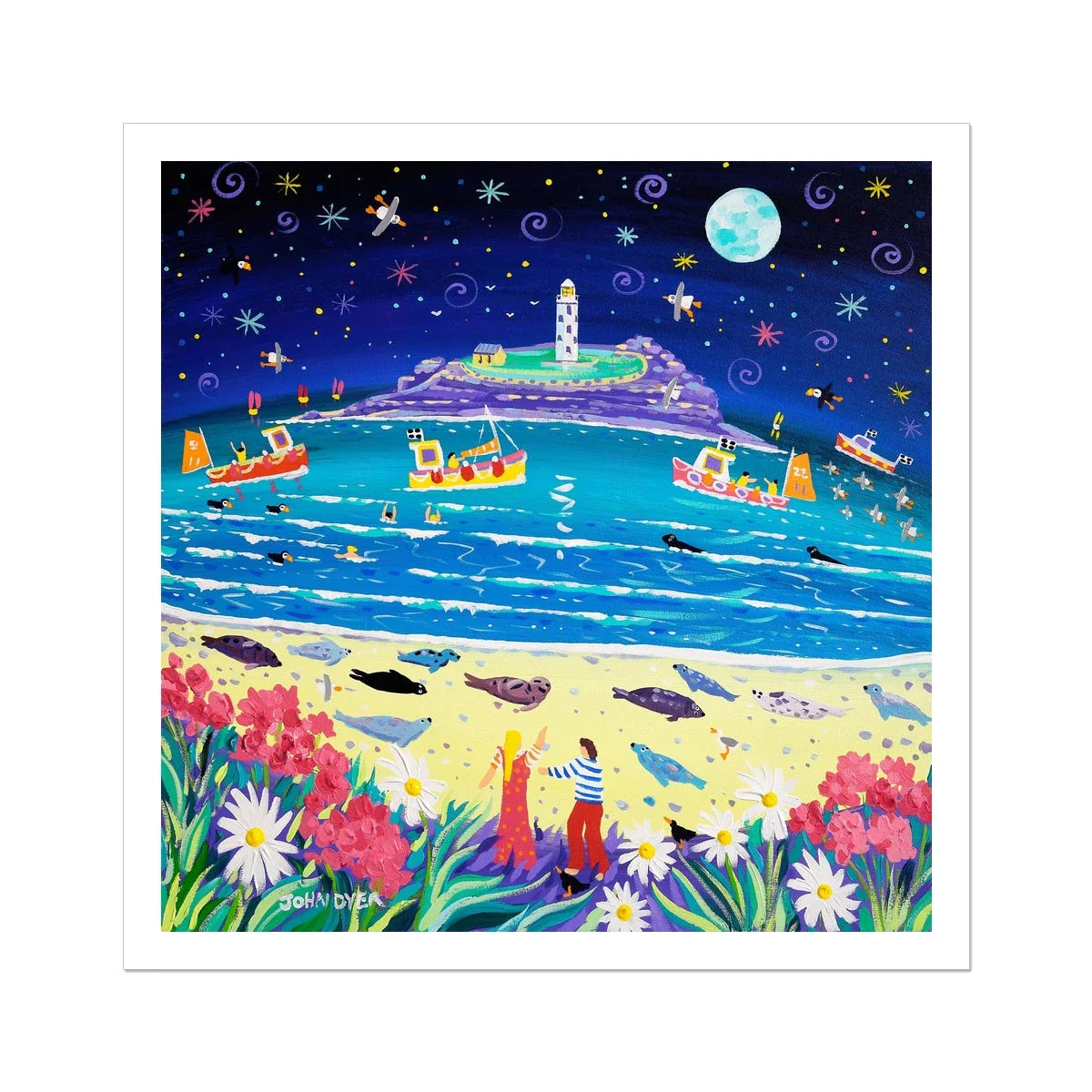 John Dyer Fine Art Beach Print. Open Edition Cornish Art Print. 'Snoozing Seals under the Moon, Godrevy'. Cornwall Art Gallery