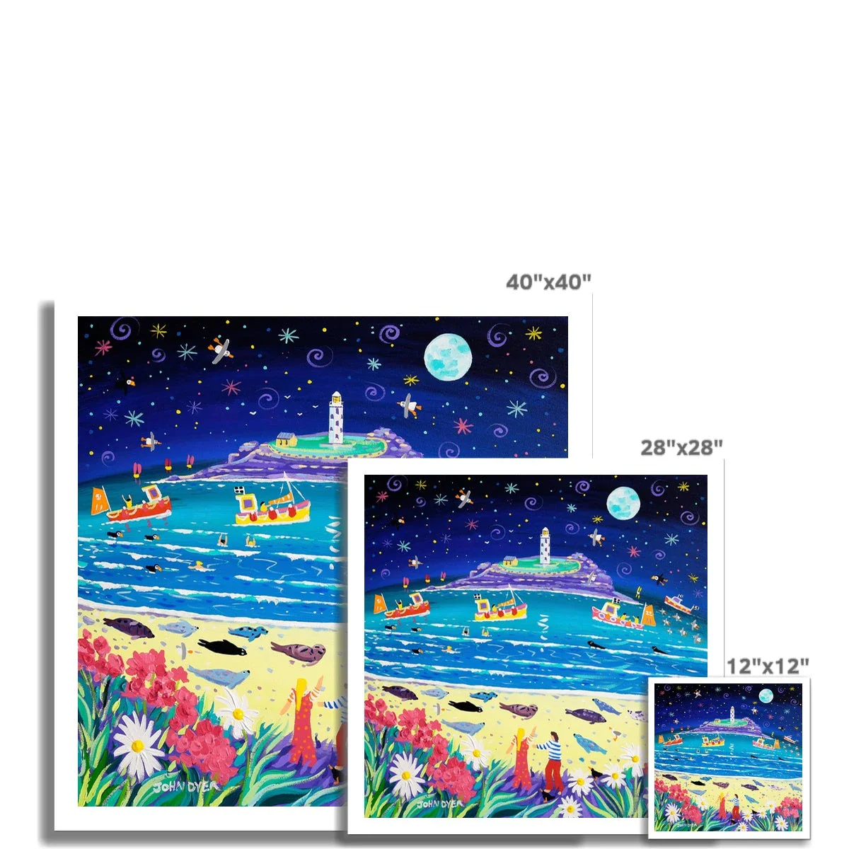 John Dyer Fine Art Beach Print. Open Edition Cornish Art Print. 'Snoozing Seals under the Moon, Godrevy'. Cornwall Art Gallery - Image 3