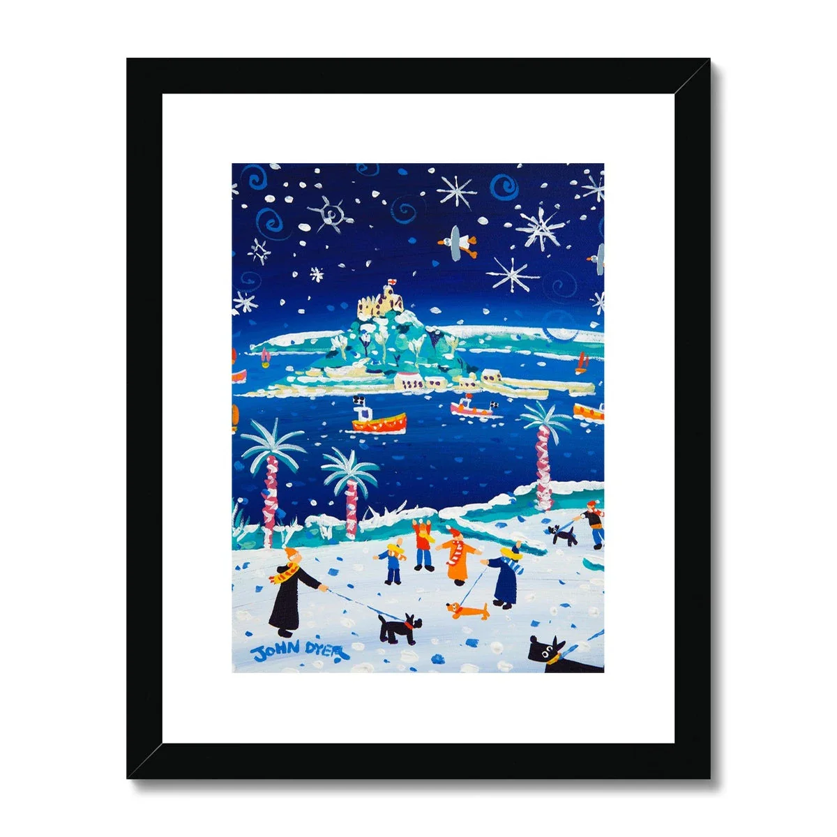 John Dyer Framed & Mounted Open Edition Cornish Art Print. 'Snowy Walkies, St Michael's Mount'. Cornwall Art Gallery - Image 2