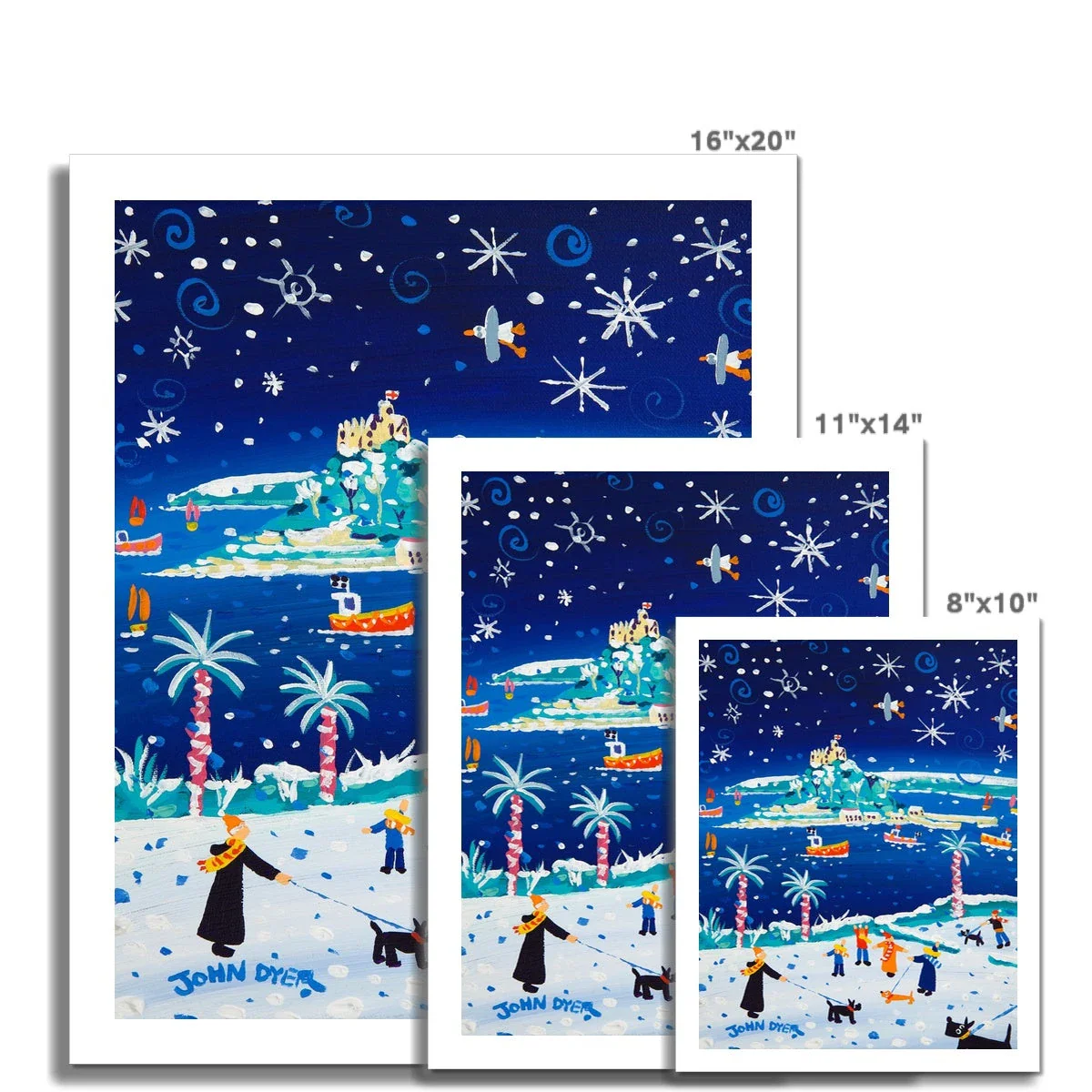 John Dyer Fine Art Print. Open Edition Cornish Art Print. 'Snowy Walkies, St Michael's Mount'. Cornwall Art Gallery - Image 3