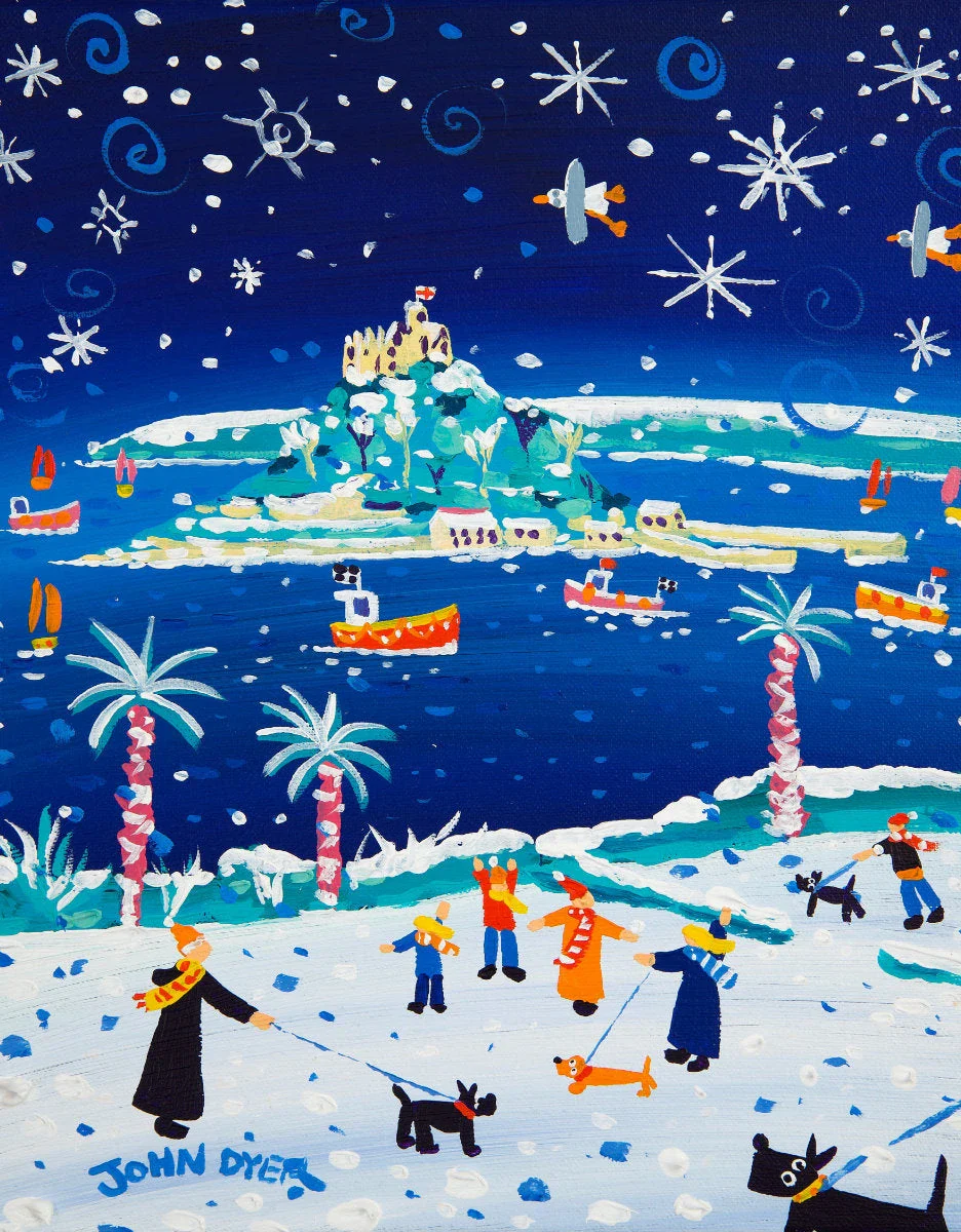 John Dyer Fine Art Print. Open Edition Cornish Art Print. 'Snowy Walkies, St Michael's Mount'. Cornwall Art Gallery - Image 4