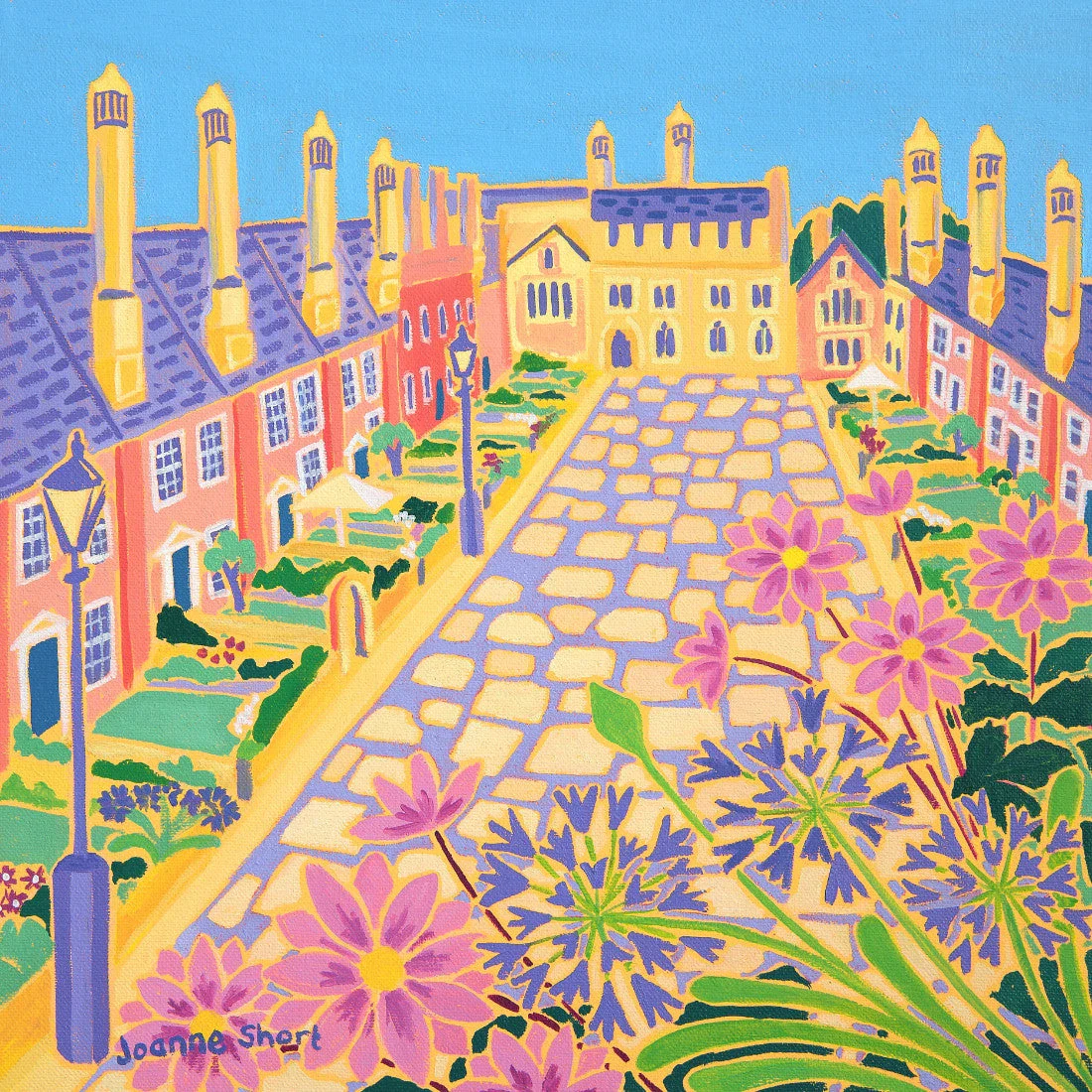 'Summer Flowers, Vicars' Close Garden, Wells'. 12x12 inches original art oil on canvas. Paintings of Somerset by Artist Joanne Short. Somerset Art Gallery