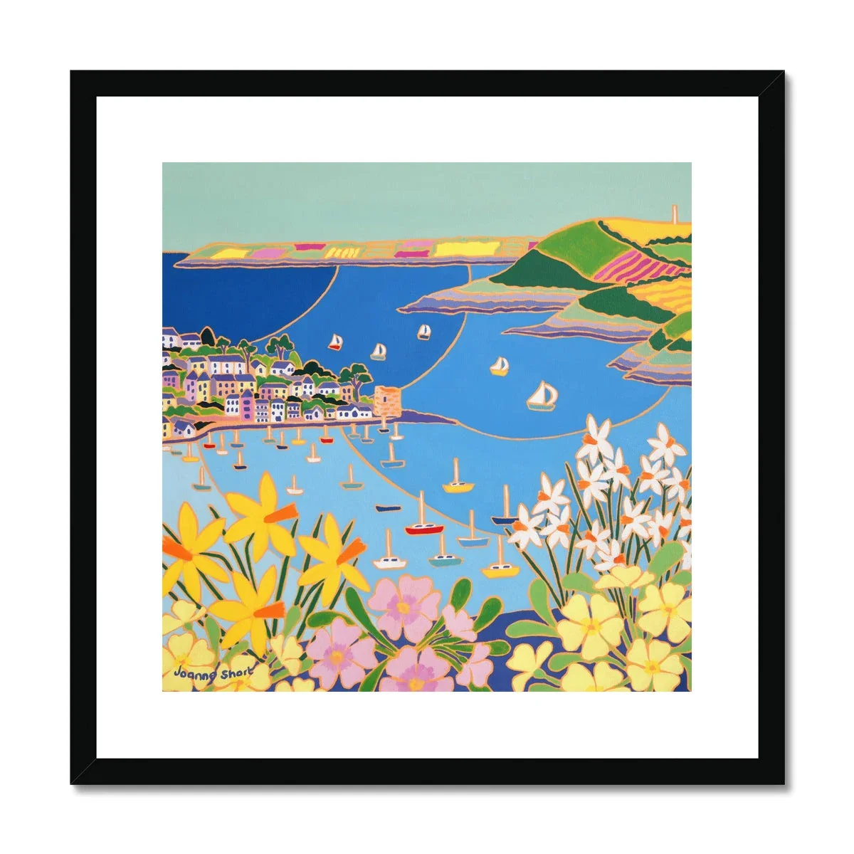 Joanne Short Framed Open Edition Cornish Art Print. 'Spring Flowers Polruan, Fowey River'. Cornwall Art Gallery - Image 2