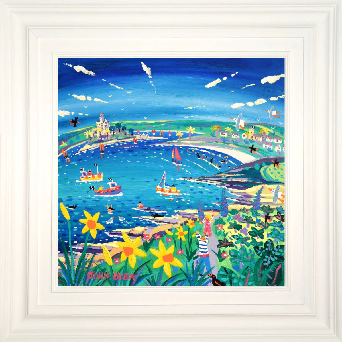 'Springtime Surfing and Sailing, St Michael's Mount', 18x18 inches acrylic on canvas. Cornwall Painting by Cornish Artist John Dyer. Cornish Art from our Cornwall Art Gallery - Image 2