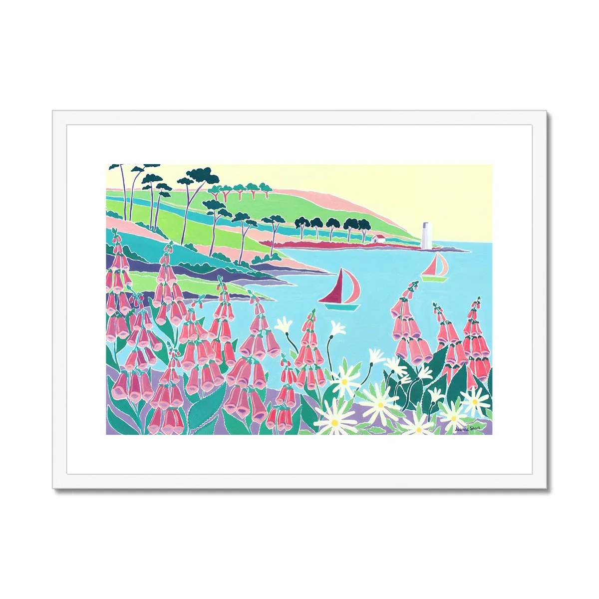 Joanne Short Framed Open Edition Cornish Art Print. 'Sailing Past the Lighthouse, St Anthony Headland'. Cornwall Art Gallery