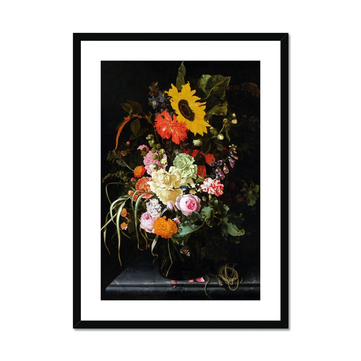 'Roses, Carnation, Marigolds and other Flowers with a Sunflower and Striped Grass'. Garden Flowers. Still Life by Maria van Oosterwijck. Framed Open Edition Fine Art Print. Historic Art - Image 2