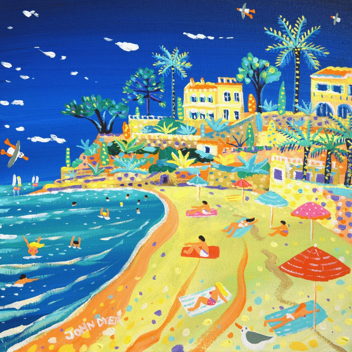 '‎⁨Summer Afternoon on Plage du Buse, Roquebrune-Cap-Martin⁩'. 12 x 12 inches acrylic on canvas. Painting of the South of France by John Dyer