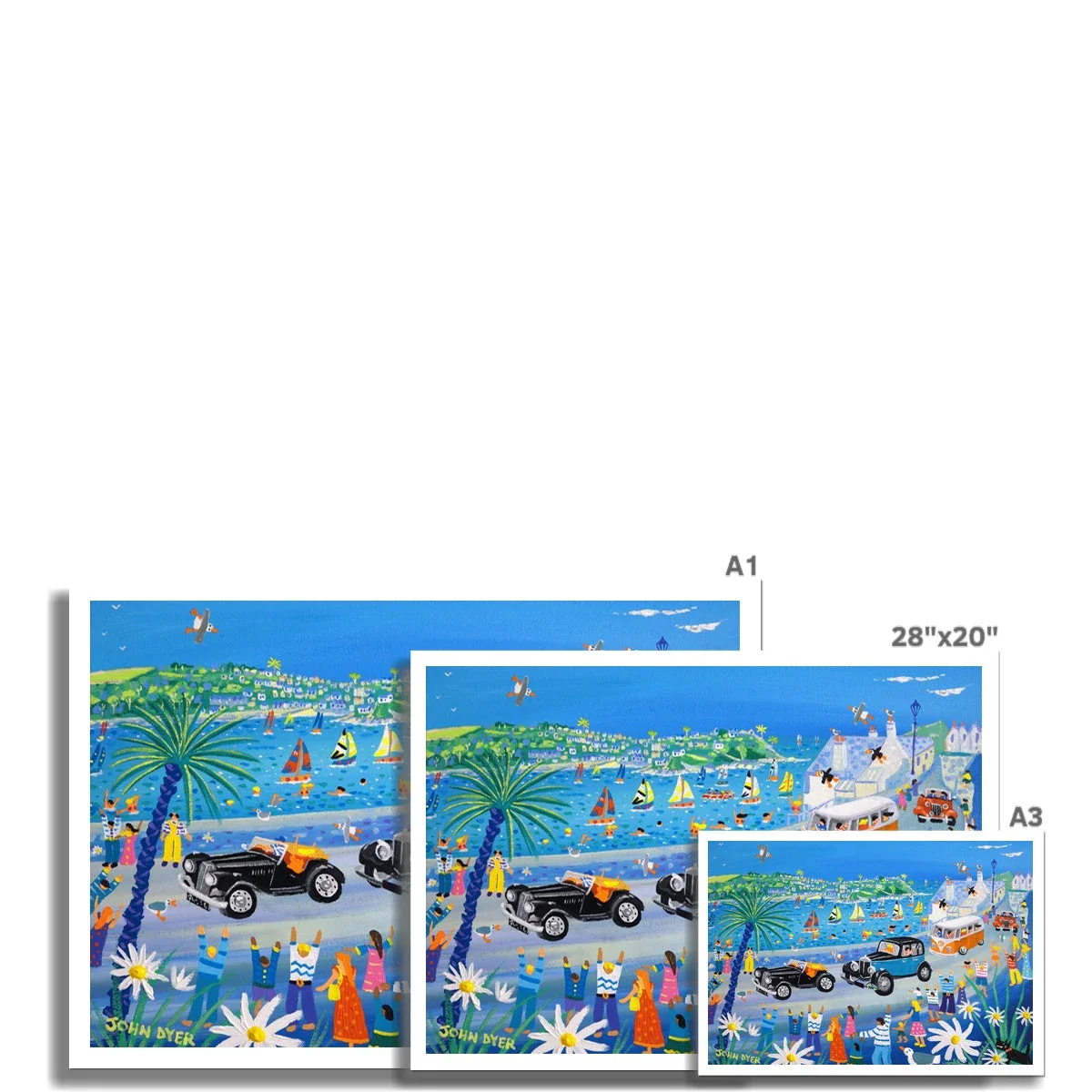 John Dyer Fine Art Print. Open Edition Coastal Cornish Art Print. 'Summer Fun at the Fowey Classic Car Parade, Cornwall'. - Image 3