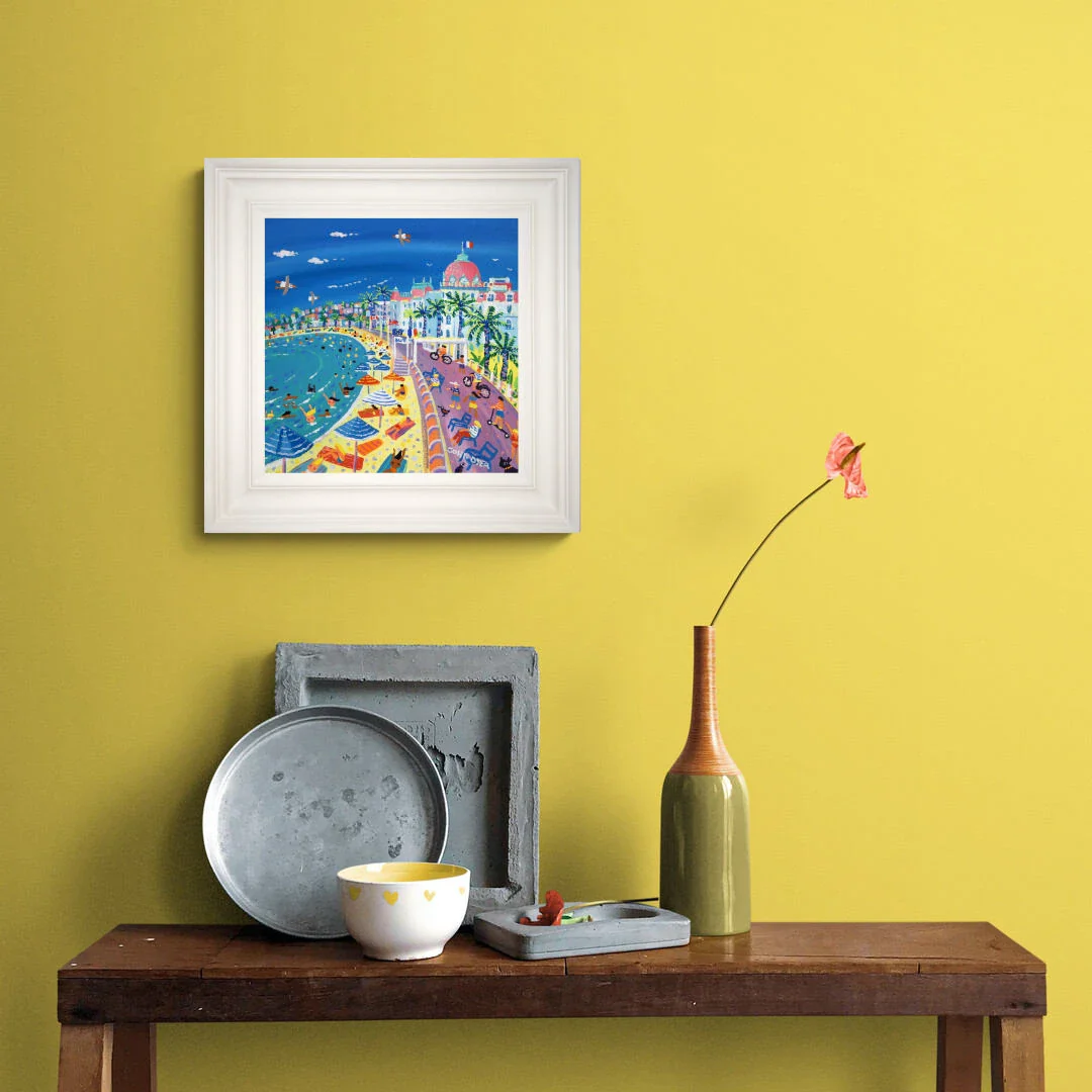 'Summer Fun on the Beach, Le Negresco, Nice', 12x12 inches acrylic on canvas. Paintings of France by British Artist John Dyer. French Art Gallery - Image 3