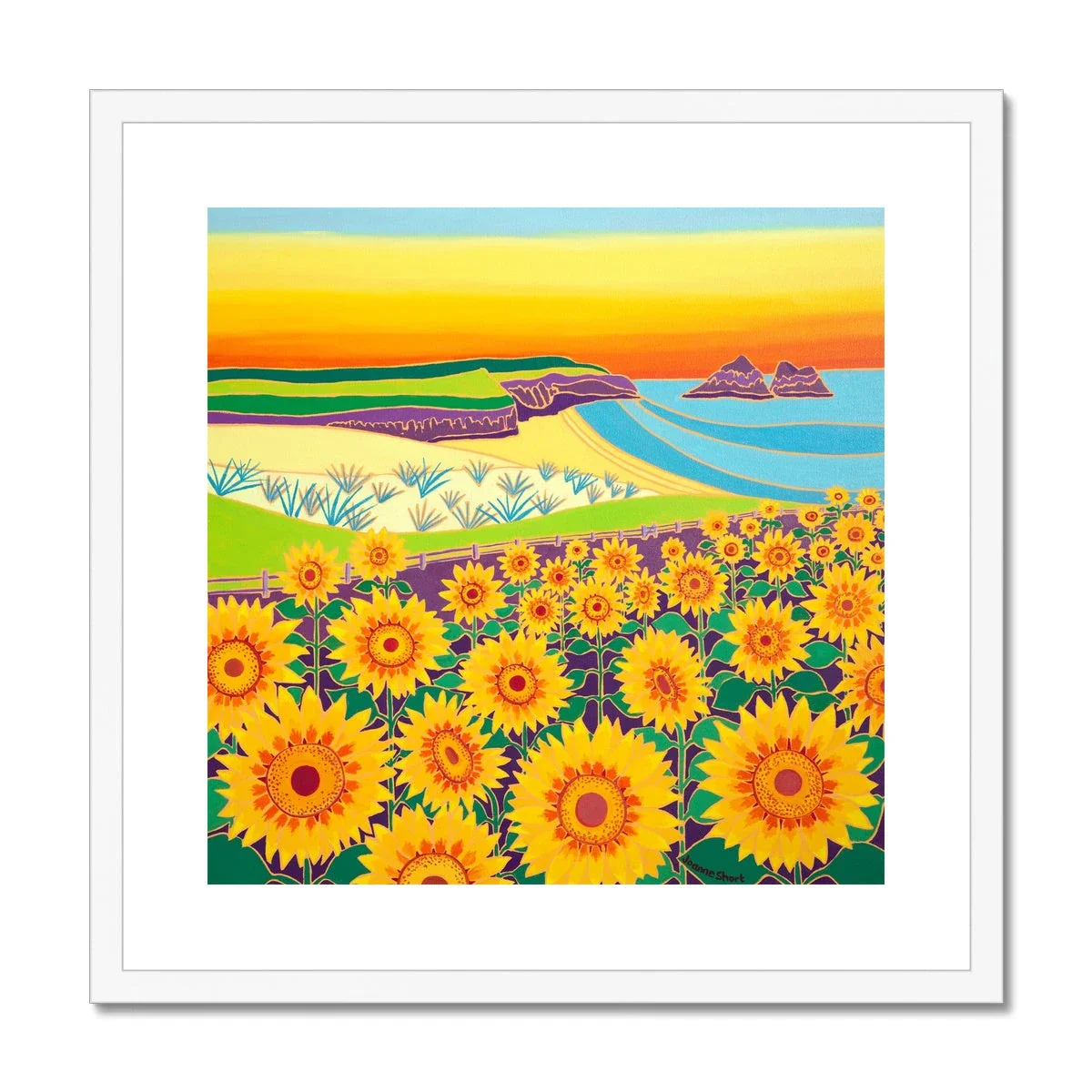 Joanne Short Framed Open Edition Cornish Fine Art Print. 'Sunny Sunflowers, Holywell Bay Beach Sunset'. Cornwall Art Gallery