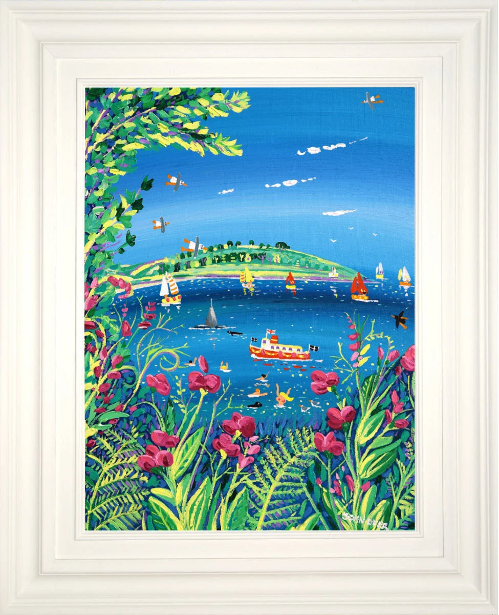 'Sweet Peas and Sailboats, Pendennis Headland, Falmouth', 24x18 inches acrylic on canvas. Coastal Painting of Cornwall by Cornish Artist John Dyer. - Image 2