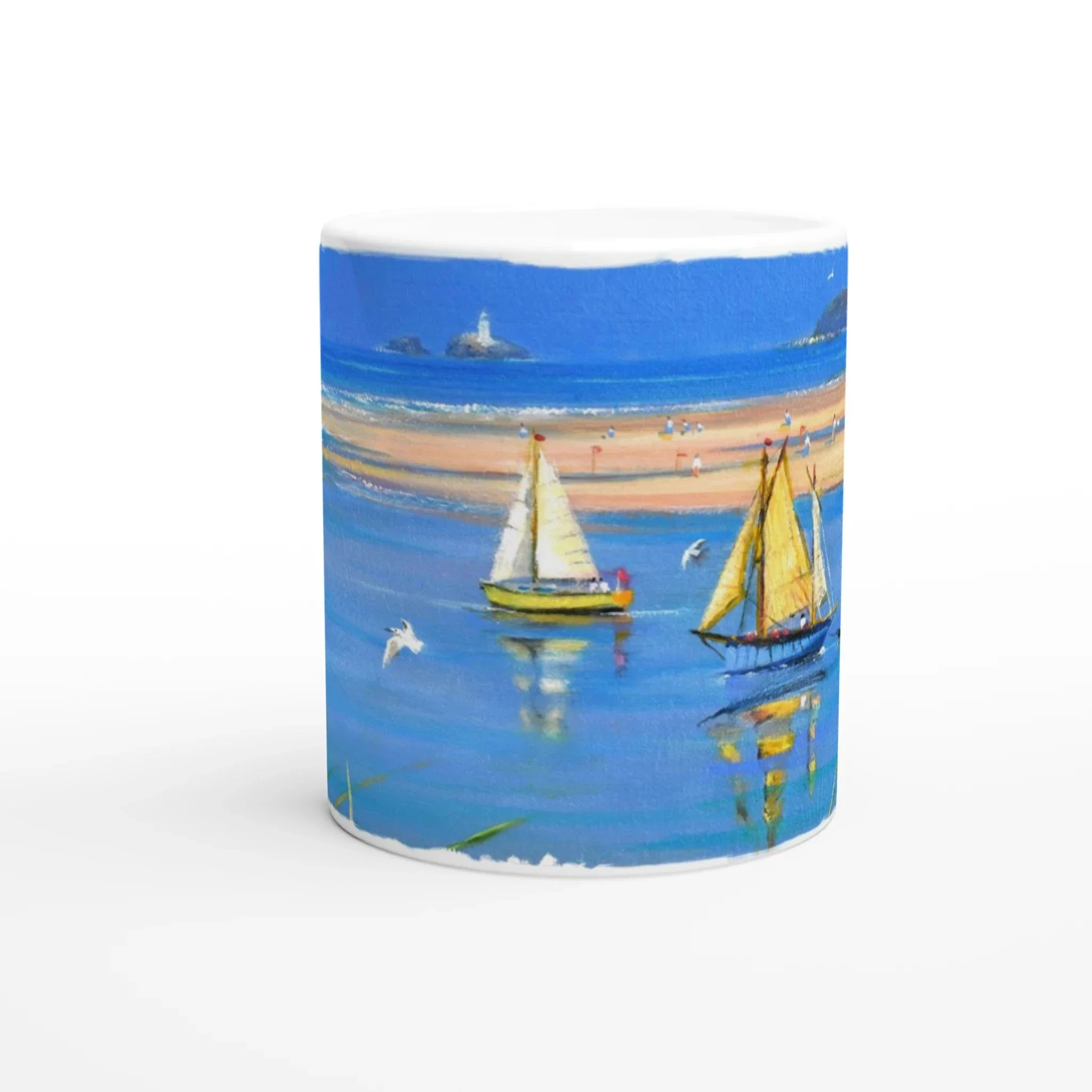 Ted Dyer Ceramic Cornish Art Mug. Paintings on Mugs Range. Godrevy Lighthouse and Gwithian, Cornwall - Image 3