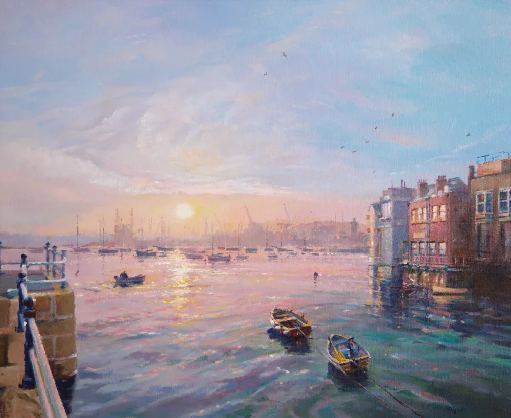 Ted Dyer Oil Painting. Sunrise over the Prince of Wales Pier, Falmouth . 20 x 24 inches, oil on canvas