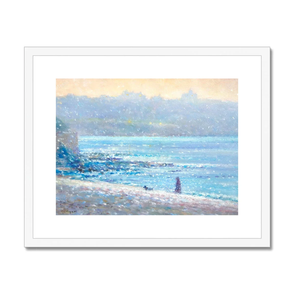 Ted Dyer Framed Open Edition Cornish Fine Art Print. 'Walking in a Flurry of Snow, Falmouth'. Cornwall Art Gallery