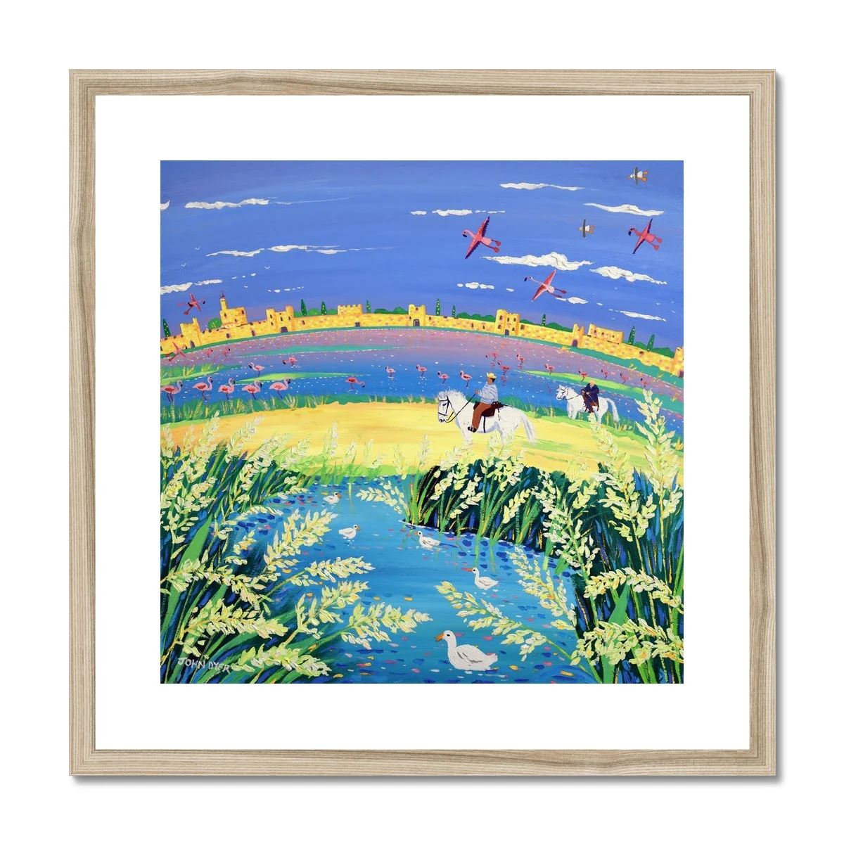John Dyer Framed Open Edition French Art Print. 'The Spirit of the Camargue, White Horses, Rice and Flamingoes, Aigues-Mortes, Provence'. - Image 3