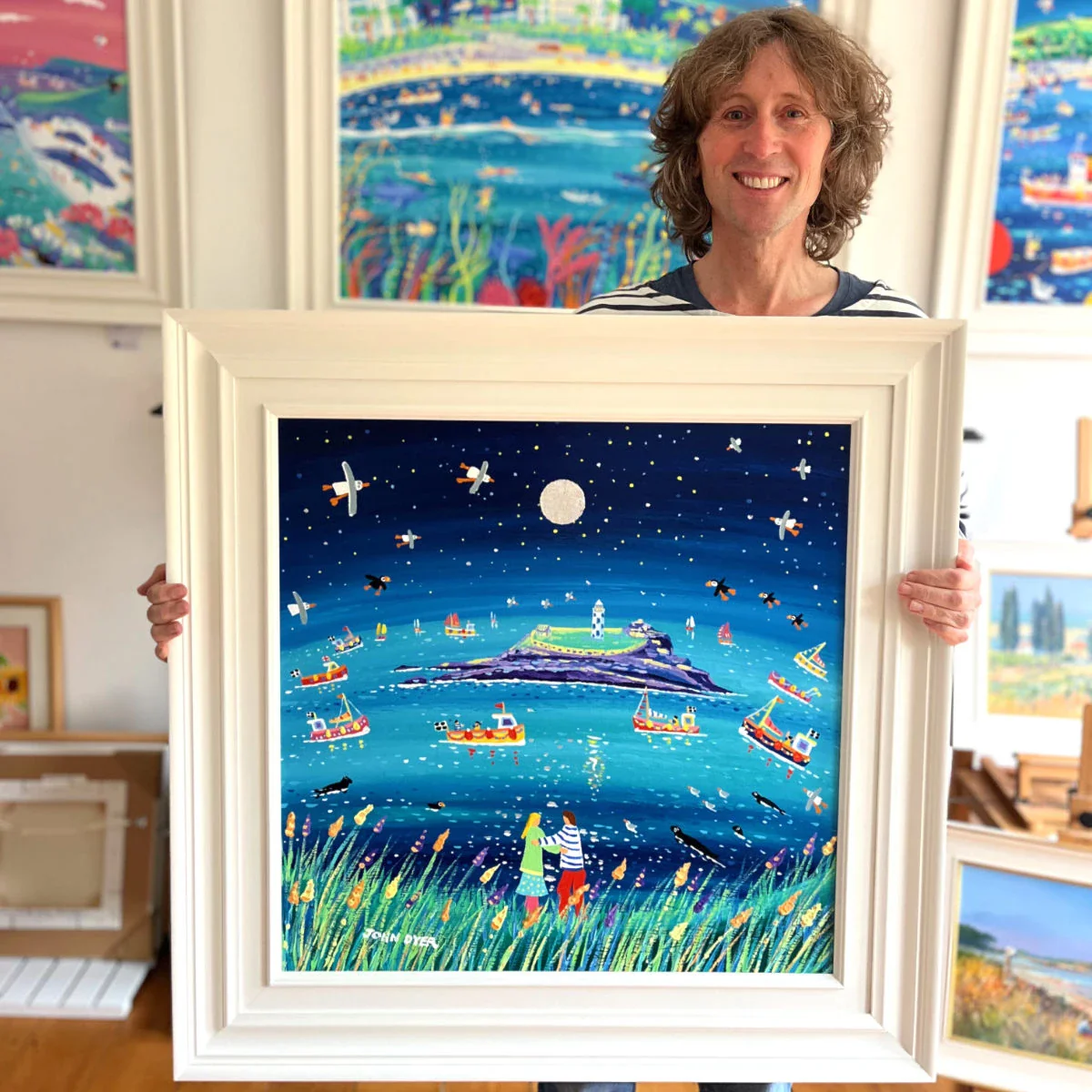 'Under the Light of the Silvery Moon, Godrevy', 24x24 inches acrylic on canvas. Cornwall Painting by Cornish Artist John Dyer - Image 4