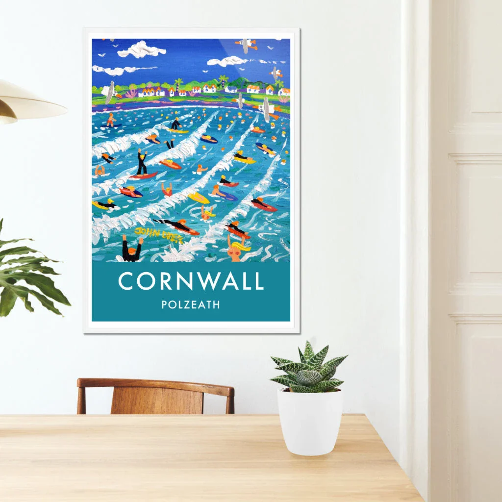 Vintage Style Travel Art Poster Print of Polzeath Beach with Surfers by John Dyer. Cornwall Art Gallery - Image 7