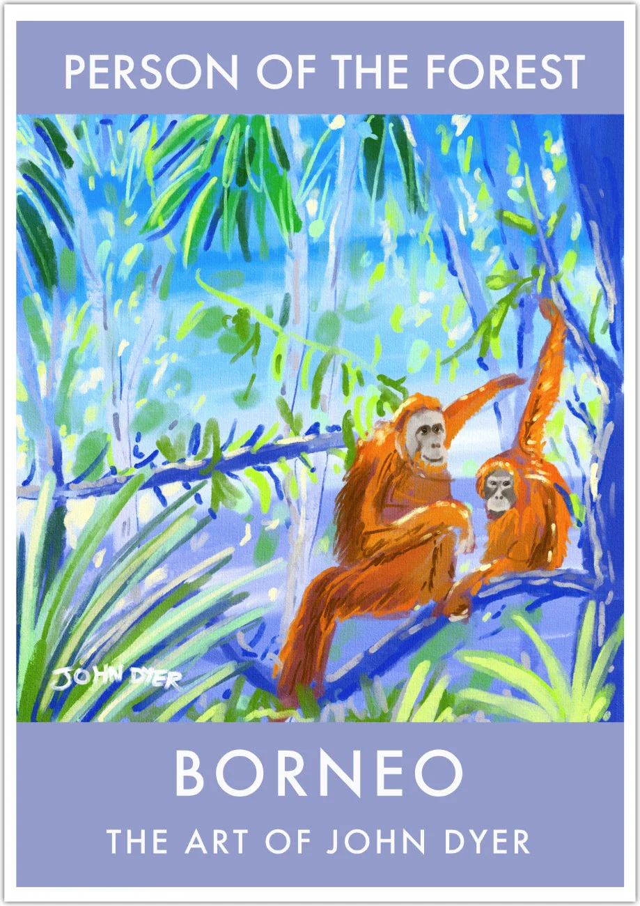 Wild Orangutans Vintage Style Travel Poster Art Print by John Dyer. Person of the Forest, Borneo Rainforest. Animal Art Prints