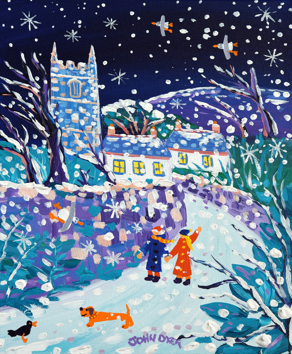 'Walking in the Snow, Zennor', 12x10 inches original art acrylic on canvas. Paintings of Cornwall by Cornish Artist John Dyer. Cornwall Art Gallery