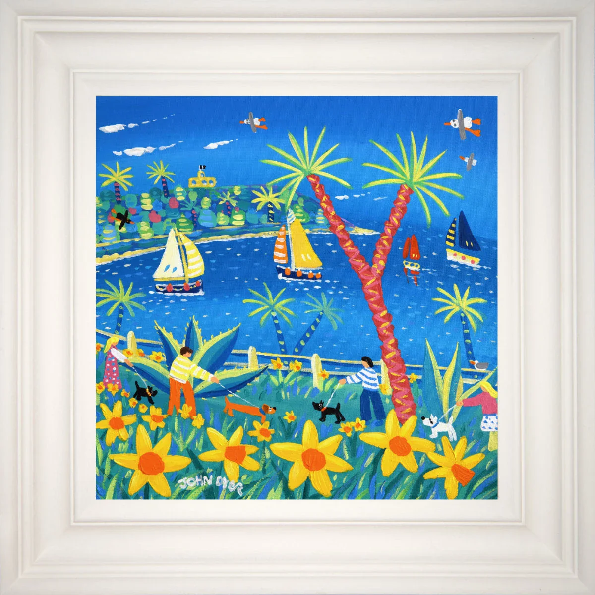 'Walking through the Daffodils, Falmouth', 12x12 inches acrylic on canvas. Cornwall Painting with Dogs by British Artist John Dyer. - Image 2