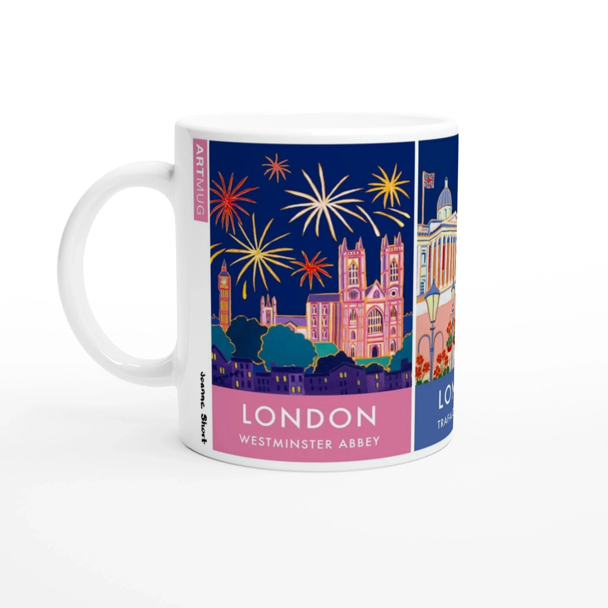Joanne Short Ceramic Art Mug featuring London. Westminster Abbey, Trafalgar Square and the Natural History Museum