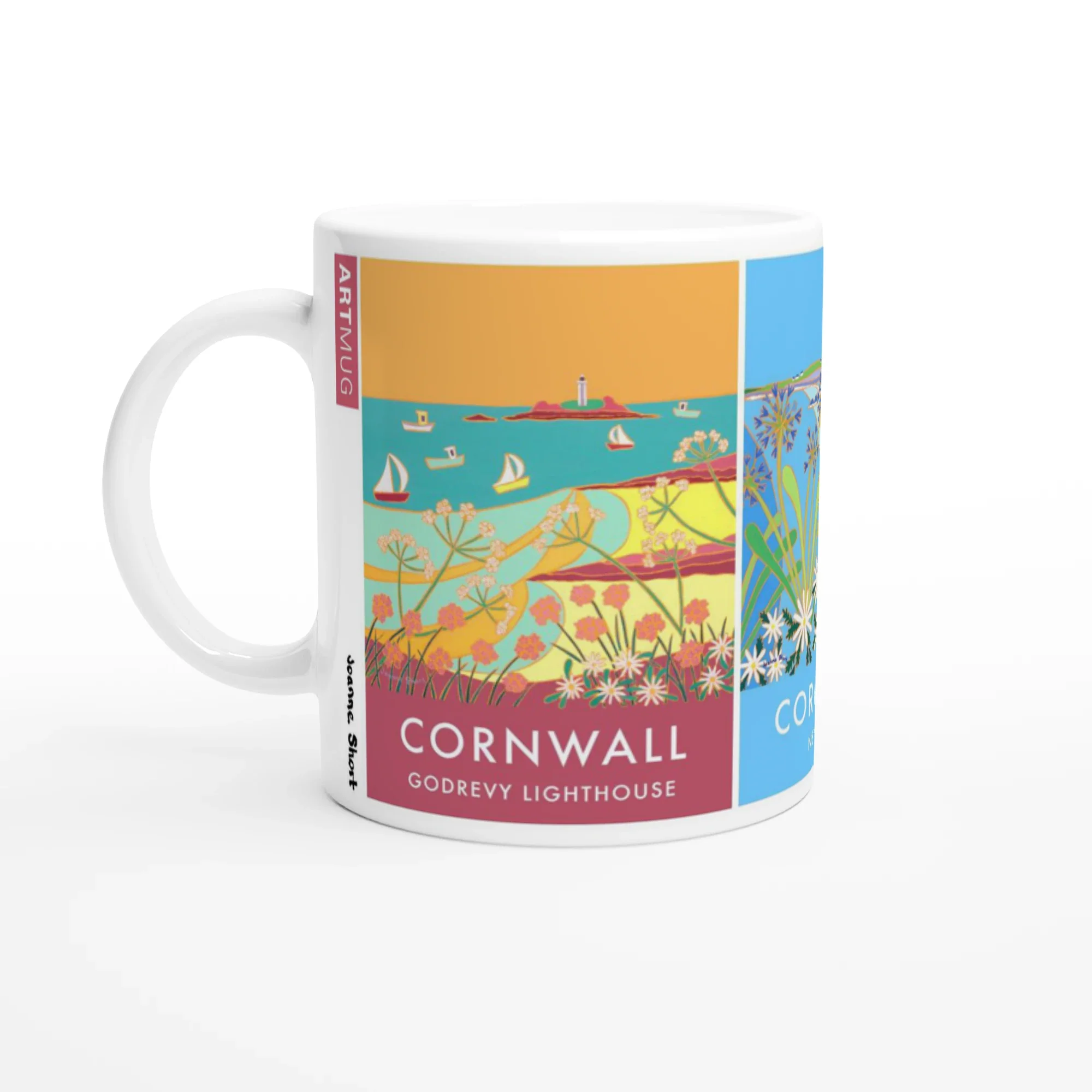 Joanne Short Ceramic Cornish Art Mug featuring Godrevy, Newquay and Holywell Bay in Cornwall