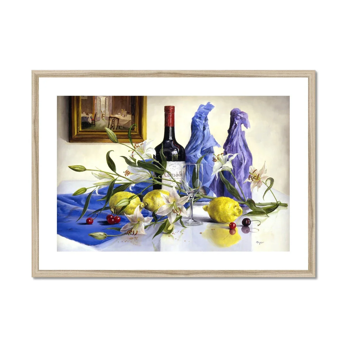 Ted Dyer Framed Open Edition Cornish Fine Art Print. 'White Lilies, Lemons and Red Wine Still Life'. Cornwall Art Gallery - Image 3