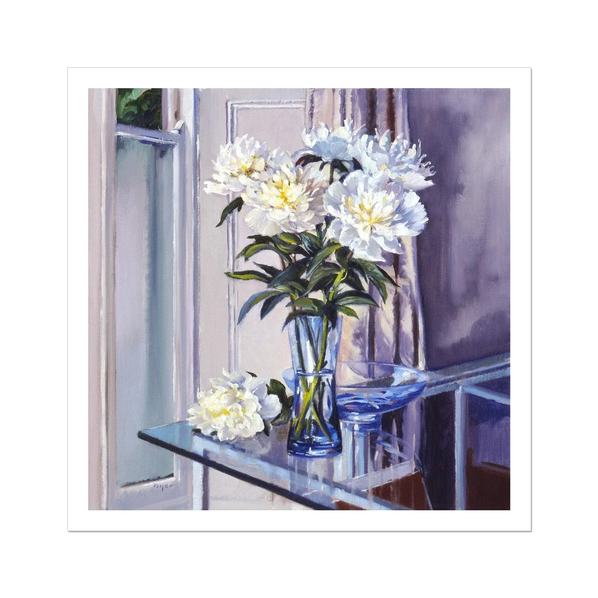 Ted Dyer Still Life Fine Art Print. Open Edition Cornish Art Print. 'White Peonies in a Blue Vase'. Cornwall Art Gallery