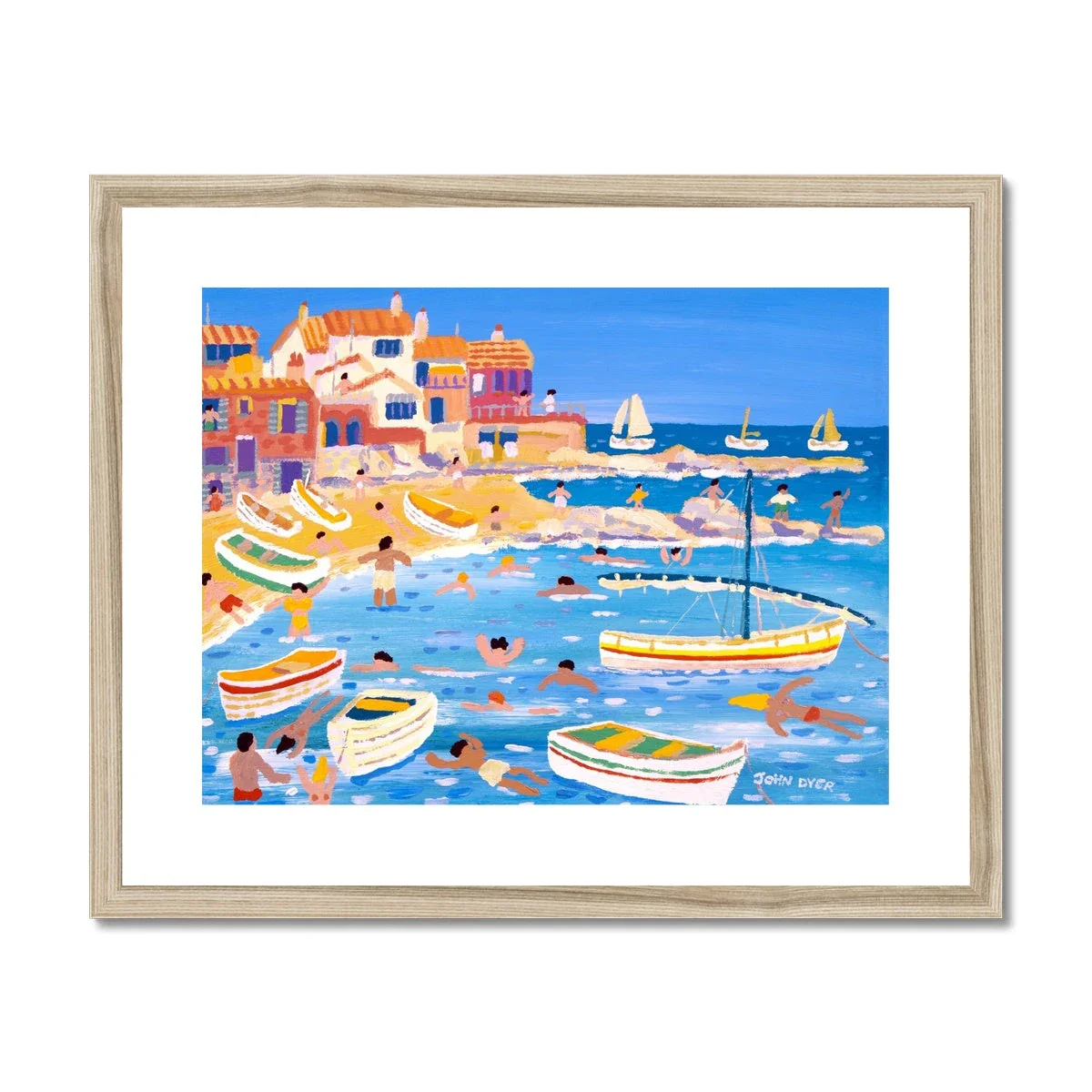 John Dyer Framed Open Edition Cornish Fine Art Print. 'White Washed Buildings on the Beach, Calella, Spain'. Spanish Art Gallery - Image 3