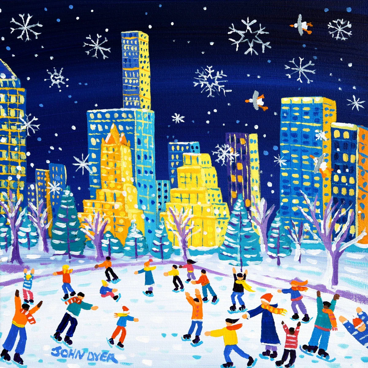 'Winter Wonderland, Central Park, New York', 12x12 inches acrylic on canvas. Paintings of America by British Artist John Dyer. American Art Gallery